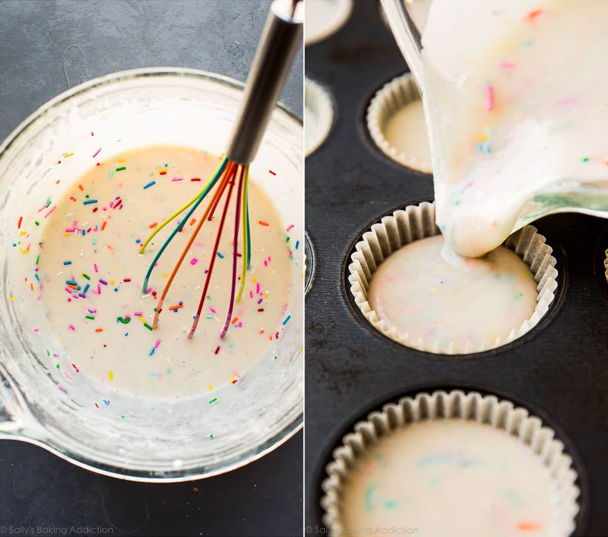 2 images of funfetti cupcake batter in a glass bowl and in a cupcake pan