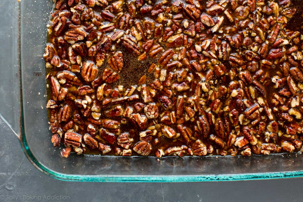 overhead image of maple pecan topping in a glass baking dish