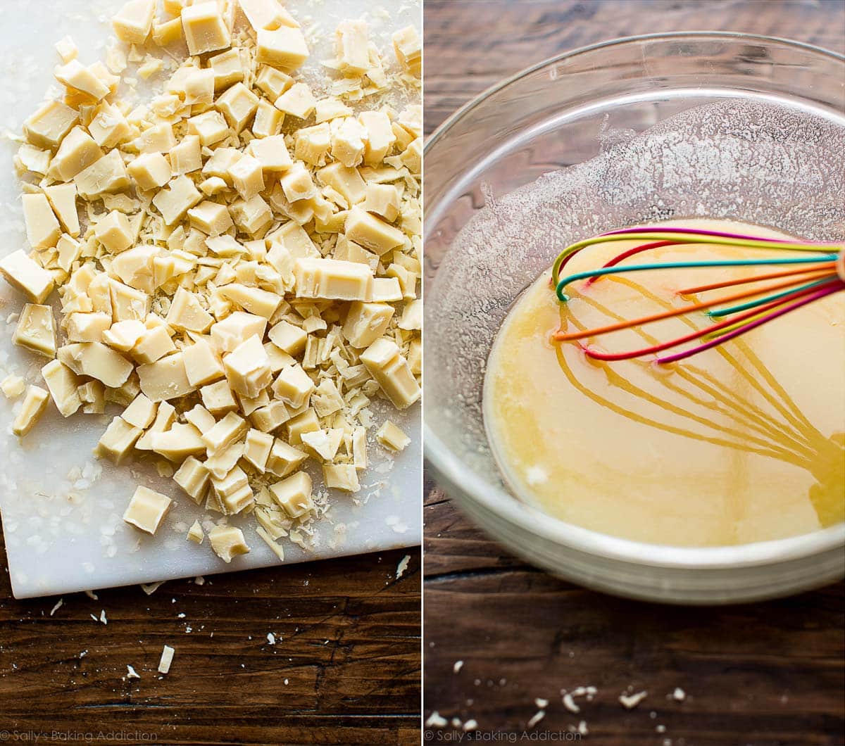 2 images of chopped white chocolate on a white cutting board and melted butter and white chocolate in a glass bowl with a whisk