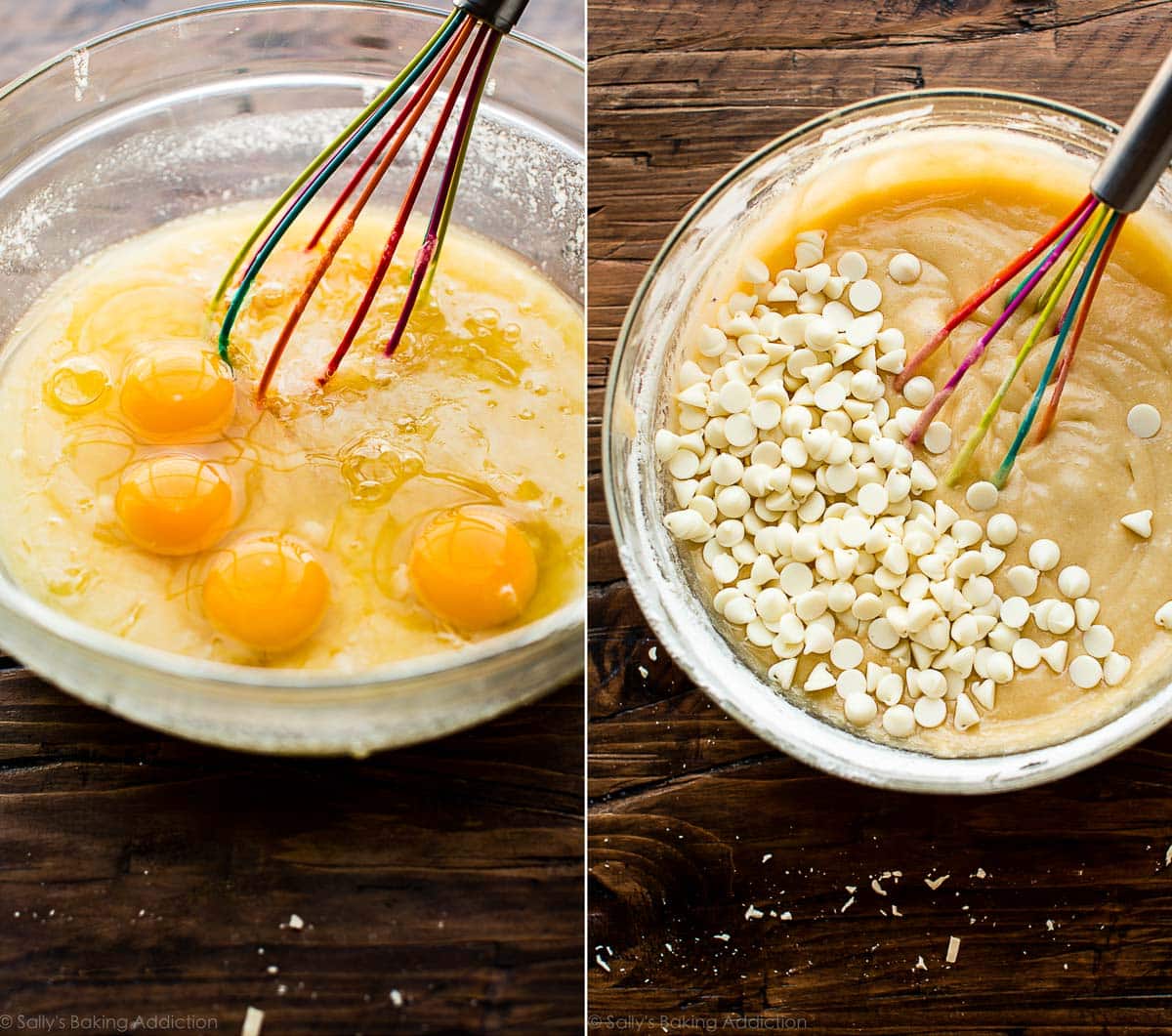 2 images of whisking eggs into glass bowl and batter with white chocolate chips in a glass bowl