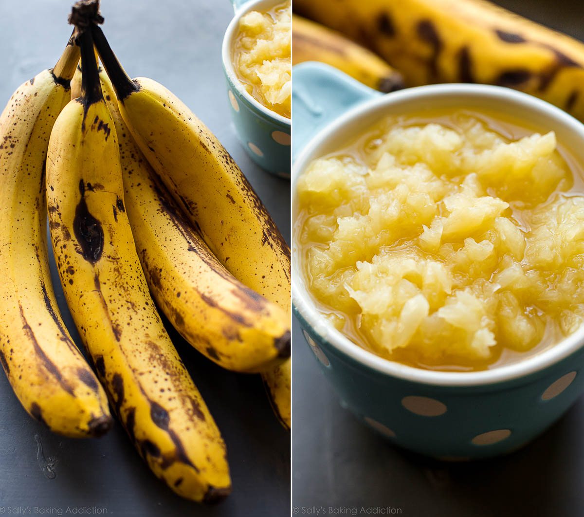 2 images of ripe bananas and crushed pineapples in a measuring cup