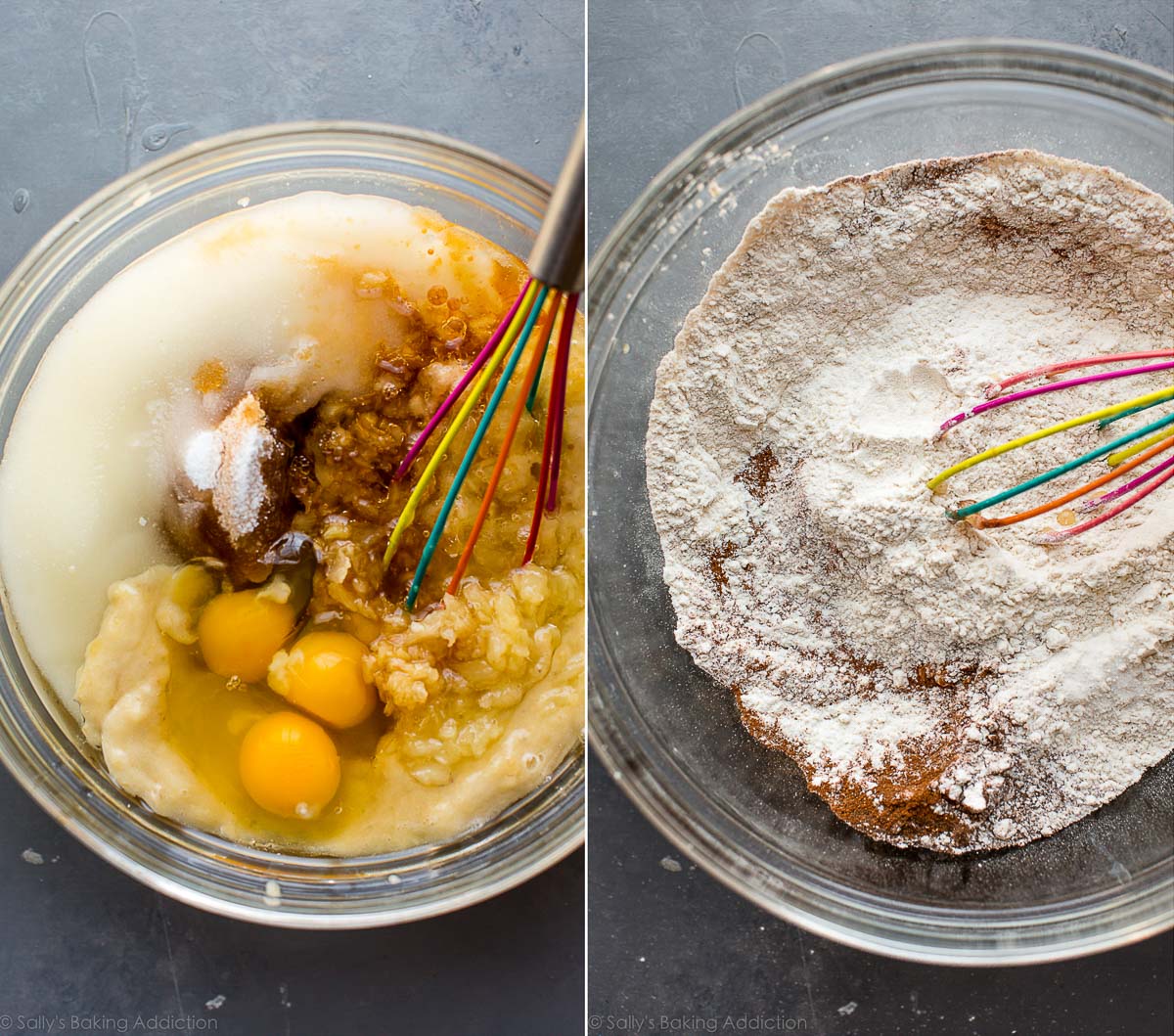 2 images of wet ingredients in a glass bowl and dry ingredients in a glass bowl