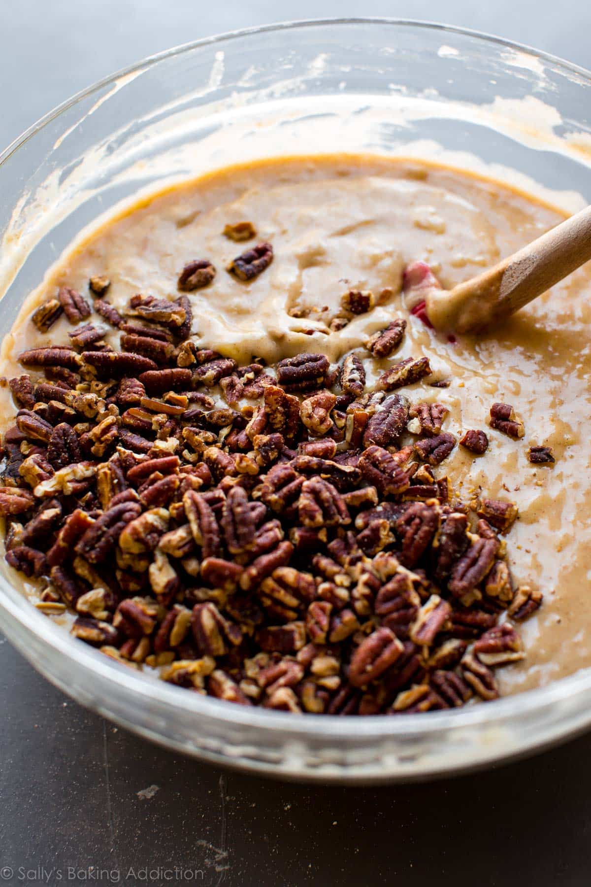 hummingbird cake batter with toasted pecans
