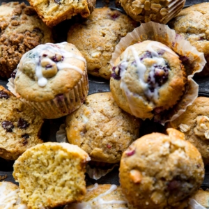 overhead image of a variety of muffins