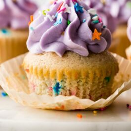 funfetti cupcake with purple frosting and sprinkles