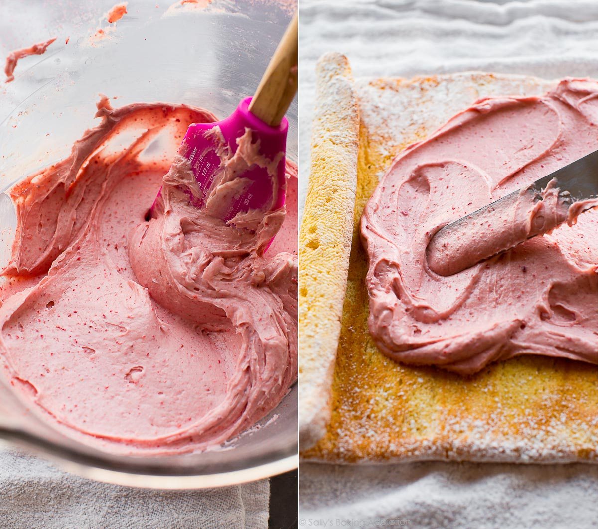 2 images of strawberry cream cheese frosting in a glass bowl and spreading strawberry cream cheese frosting onto sponge cake