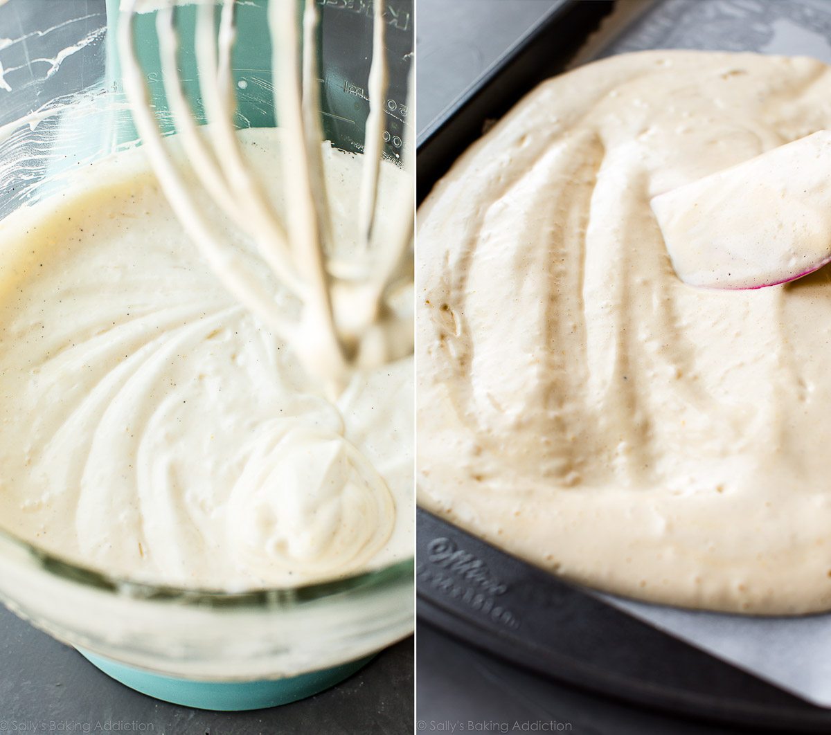 2 images of sponge cake batter in a glass bowl and spreading sponge cake batter into a jelly roll pan