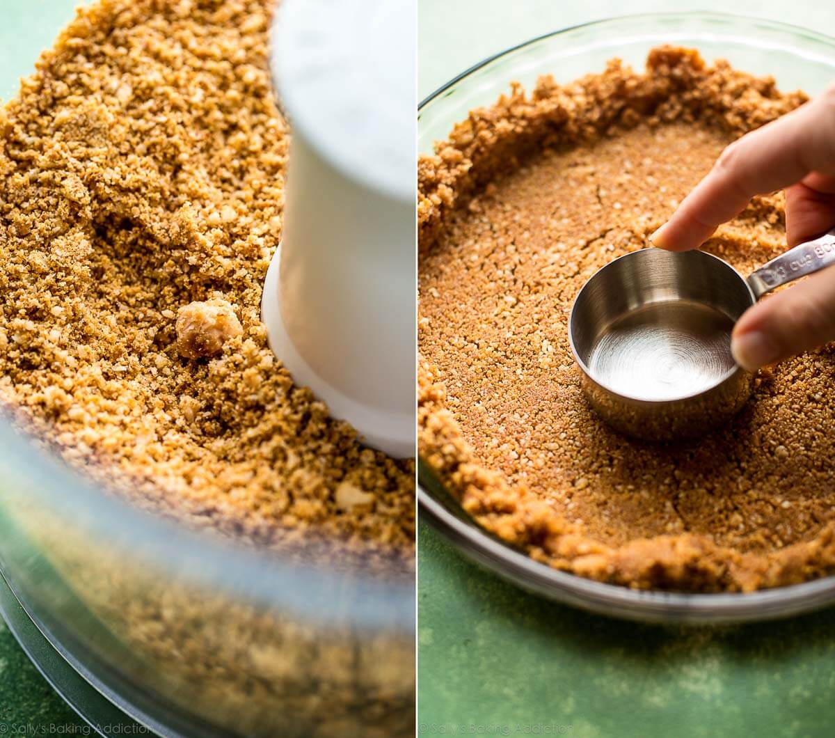 2 images of graham cracker crust crumbs in a food processor and pressing the crust into a glass pie dish with a measuring cup