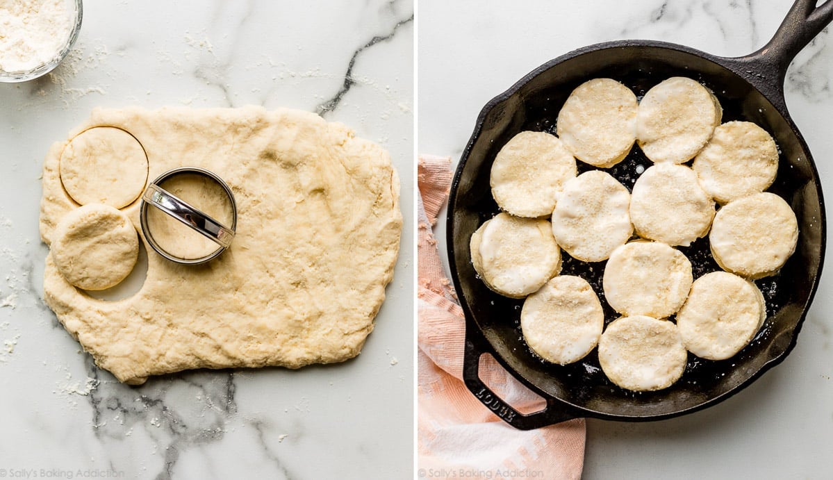 biscuit dough and cut biscuits in cast iron skillet