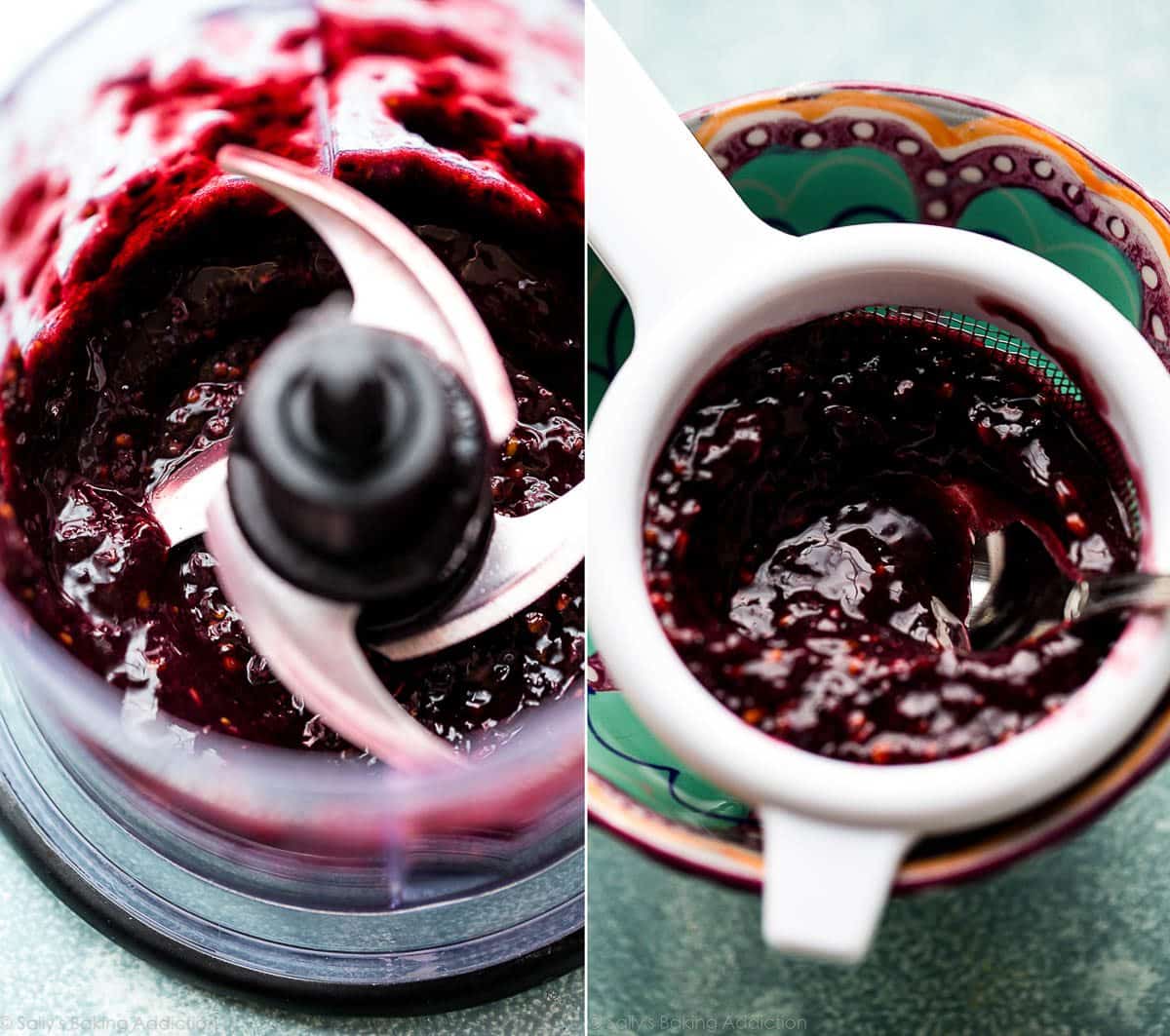 2 images of pureed blackberries in a food processor and blackberry puree in a mesh sieve