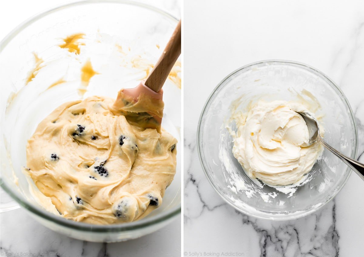 blackberry batter and cream cheese mixture in separate glass bowls