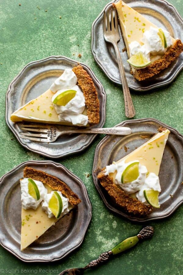 lime pie slices on silver plates.