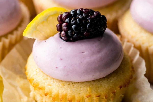 lemon cupcakes with blackberry cream cheese frosting