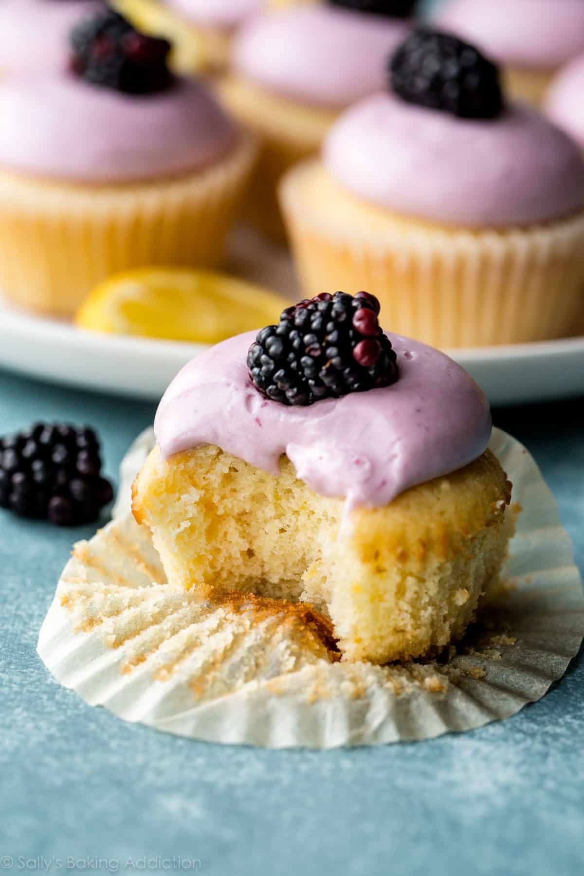 lemon cupcakes with blackberry cream cheese frosting