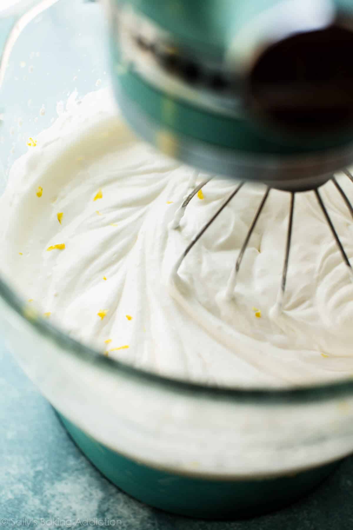 lemon whipped cream in a glass stand mixer bowl