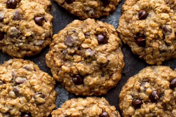overhead image of oatmeal chocolate chip cookies