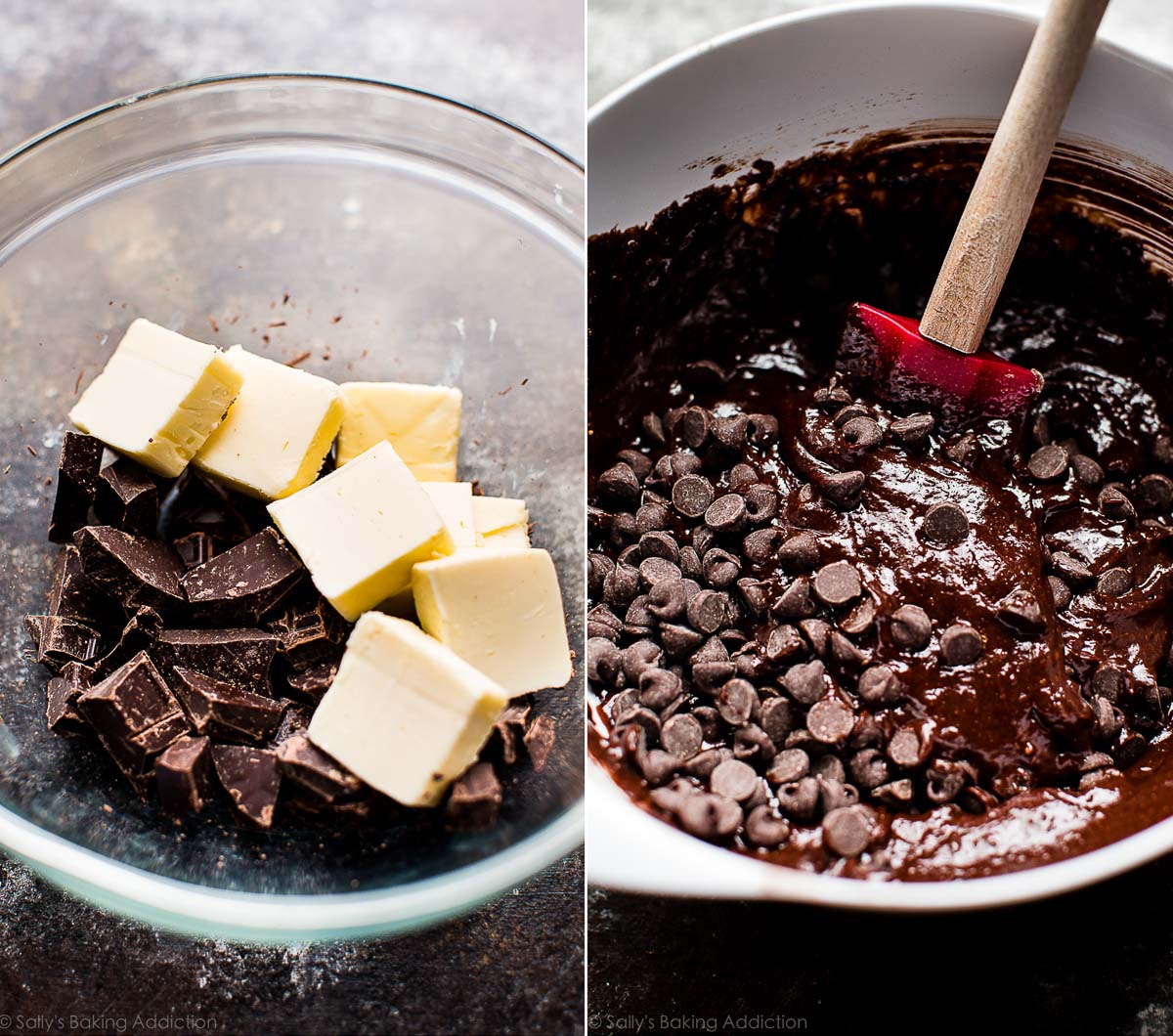 2 images of butter and chocolate chunks in a glass bowl and chocolate muffin batter with chocolate chips in a white bowl