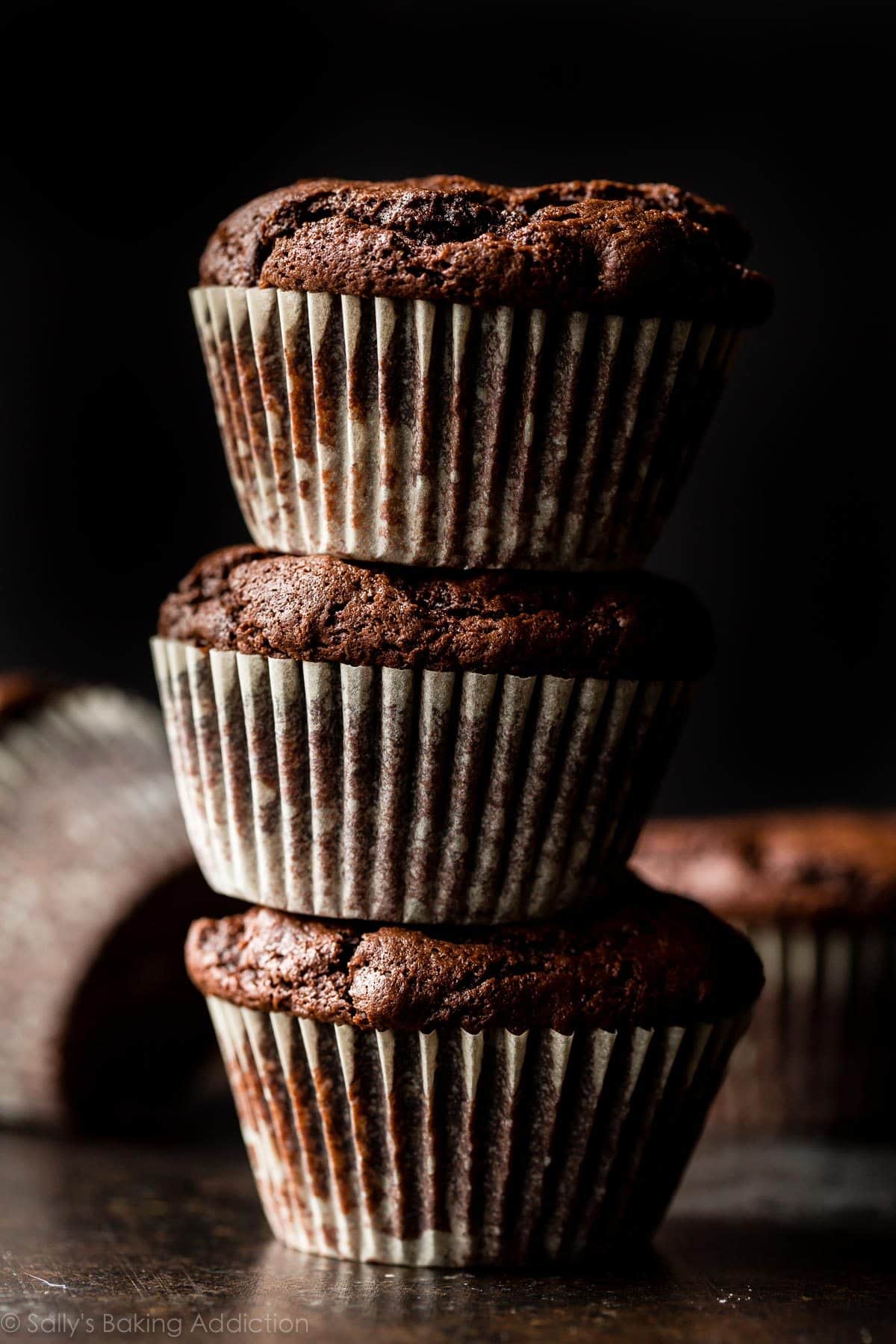 stack of 3 chocolate muffins