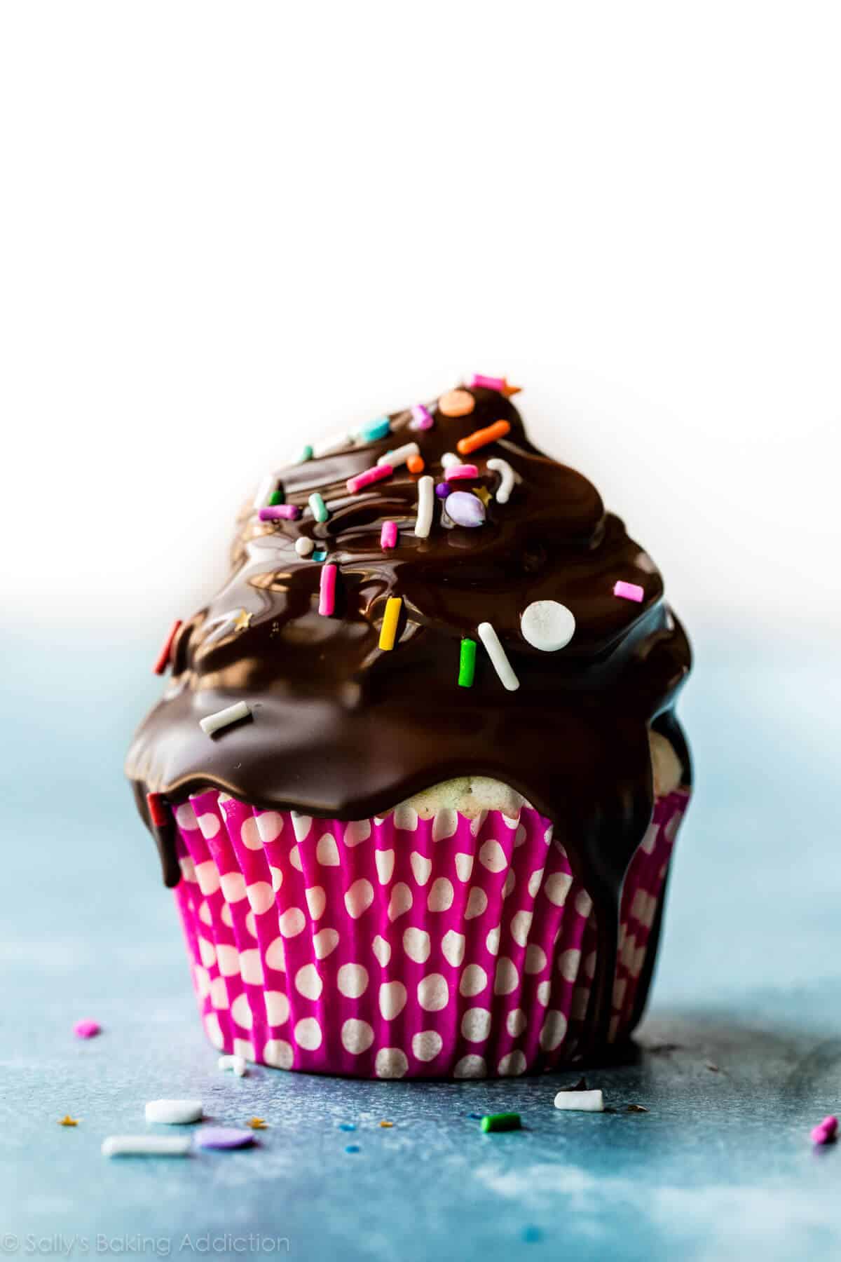 birthday cupcake dipped in chocolate coating and topped with sprinkles