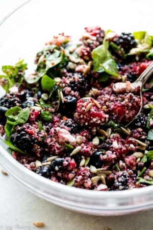 berry quinoa salad in a glass bowl