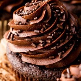 Chocolate cupcake topped with chocolate buttercream and chocolate sprinkles