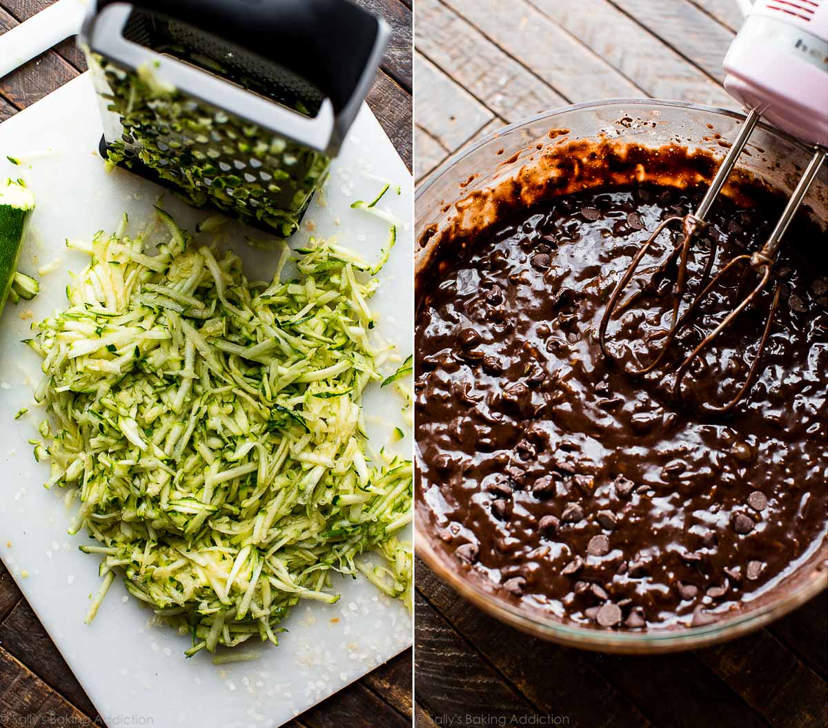 2 images of shredded zucchini on a white cutting board and chocolate cake batter in a glass bowl with a hand mixer