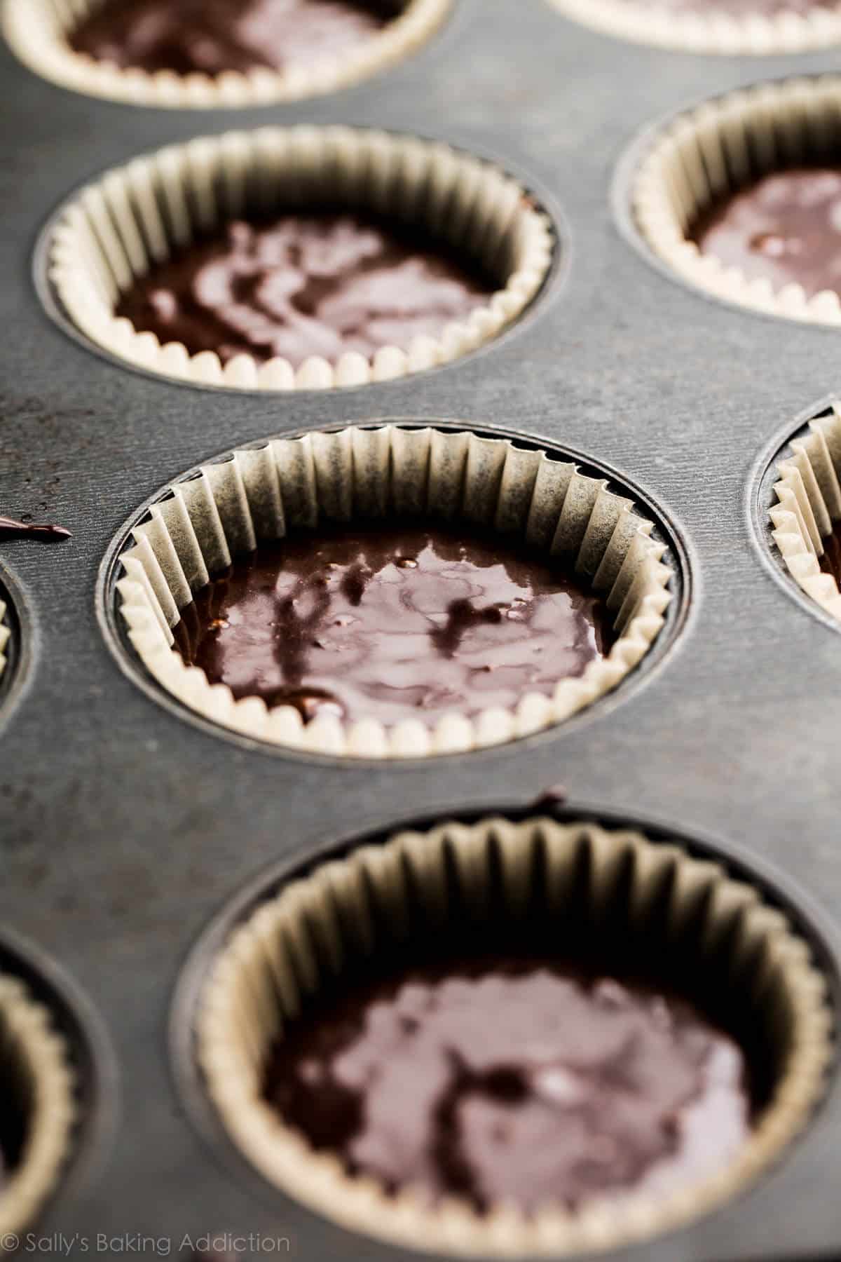 Chocolate cupcake batter in cupcake liners