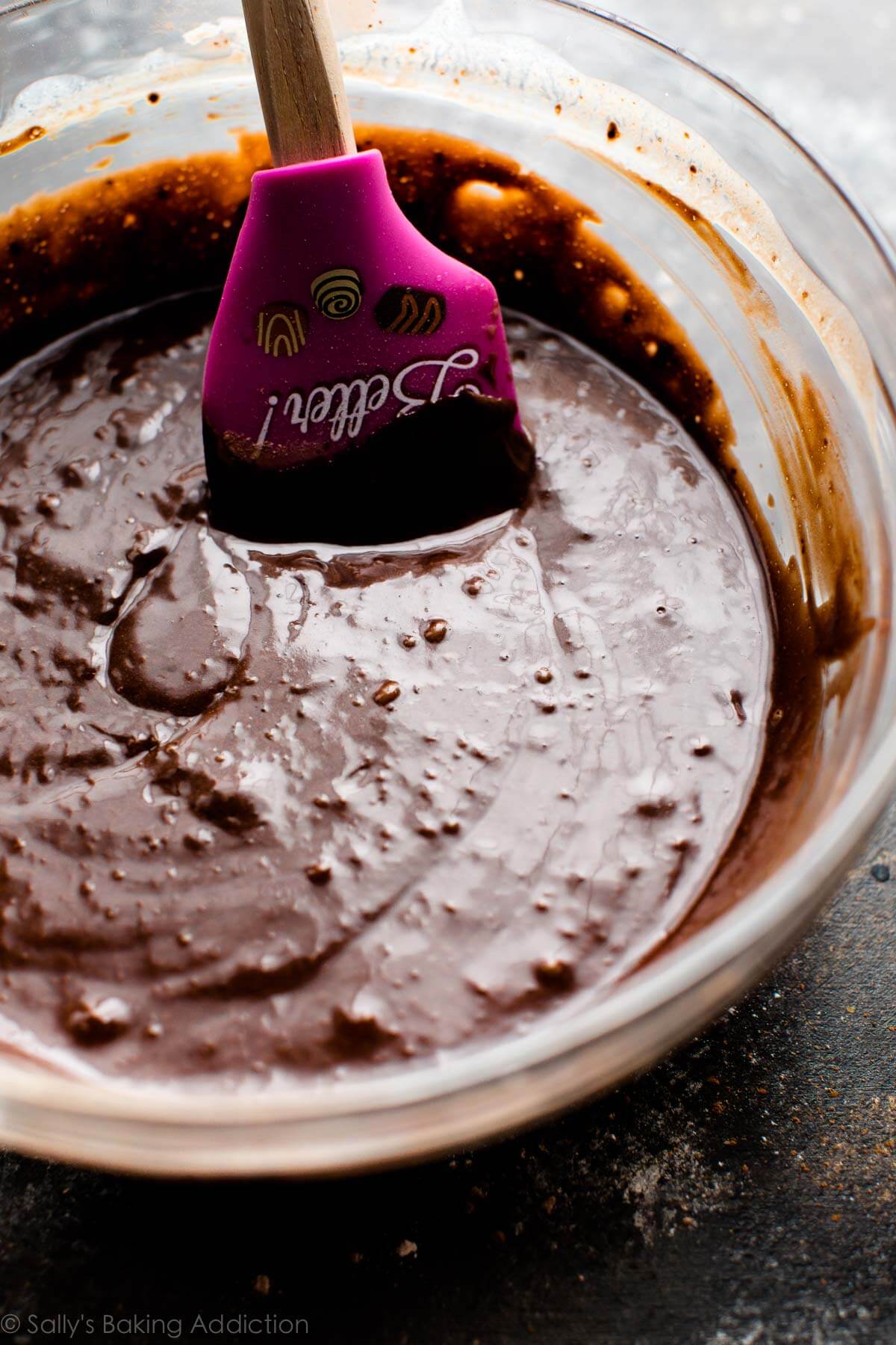 Chocolate cupcake batter in a glass bowl