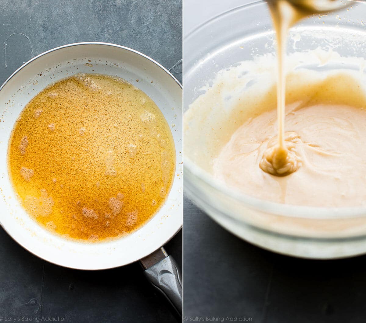 2 images of brown butter in a skillet and brown butter icing in a glass bowl