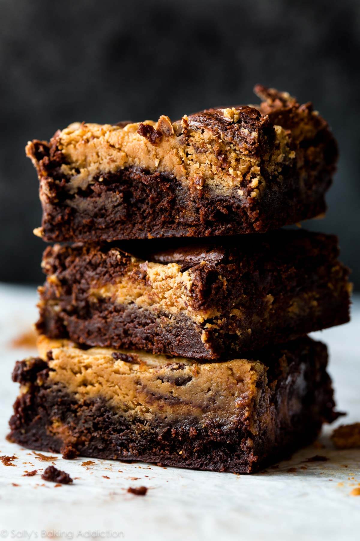 stack of 3 peanut butter swirl brownies