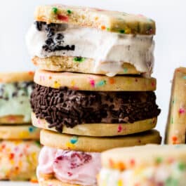 stack of rainbow cookie ice cream sandwiches