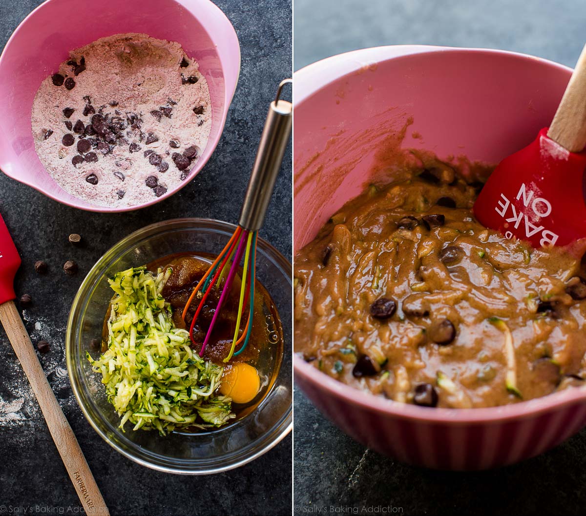 2 images of wet and dry ingredients in bowls and zucchini bread batter in a pink bowl