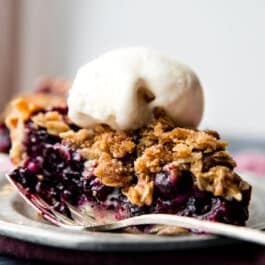 slice of blueberry crumble pie topped with a scoop of vanilla ice cream on a silver plate with a fork
