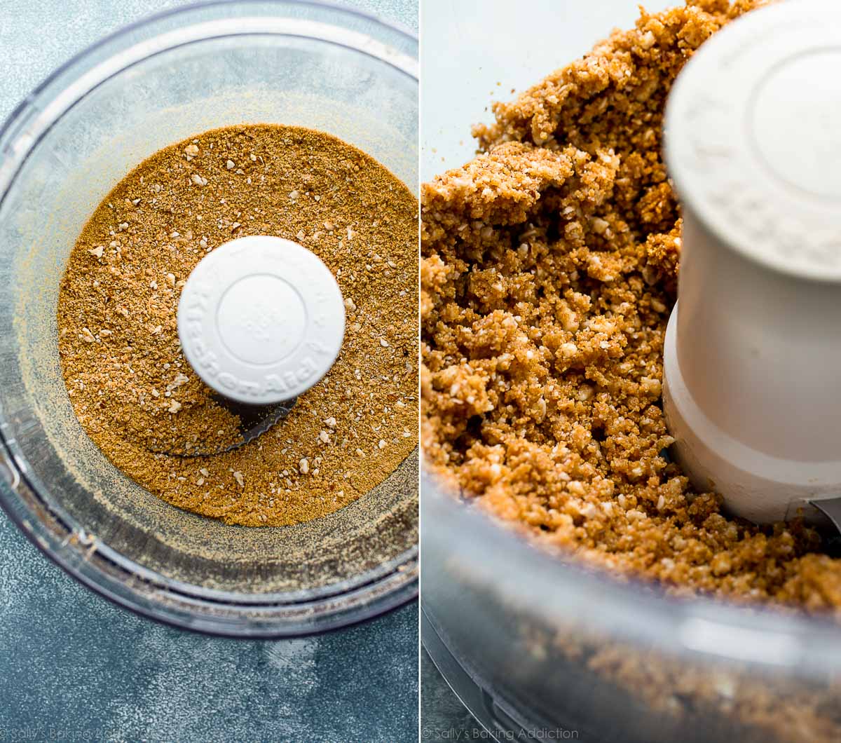 2 images of graham cracker crumbs in a food processor and crust mixture in a food processor