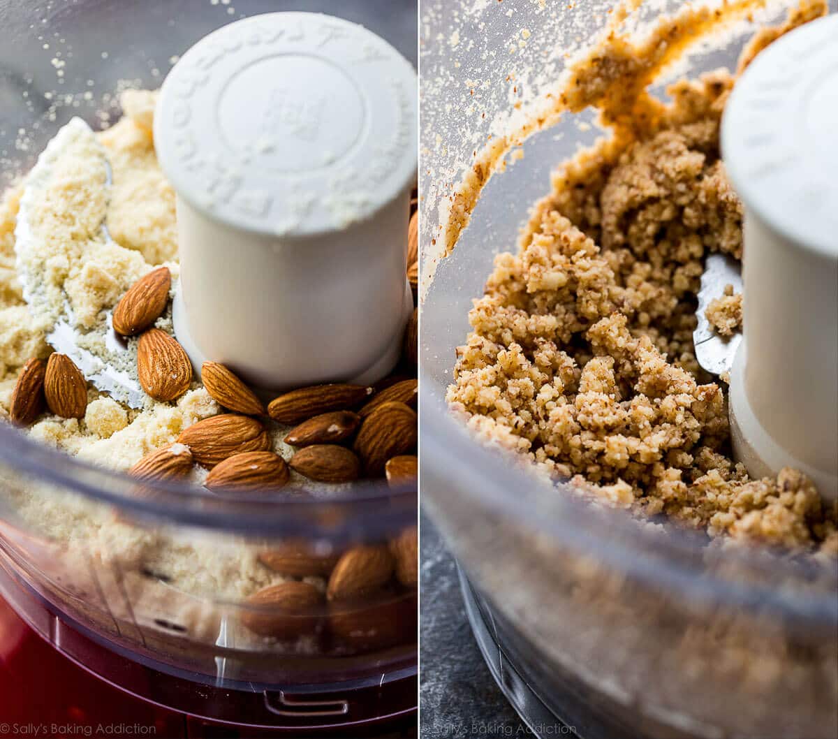 2 images of almonds and almond flour in a food processor and crust mixture in food processor after pulsing
