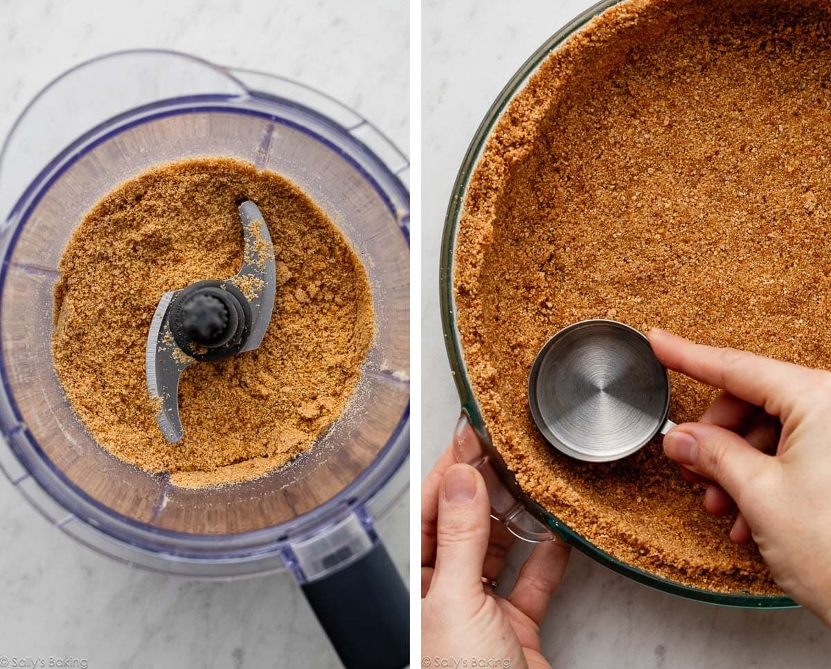 graham crackers and almonds in food processor and shown again pressed into dish.