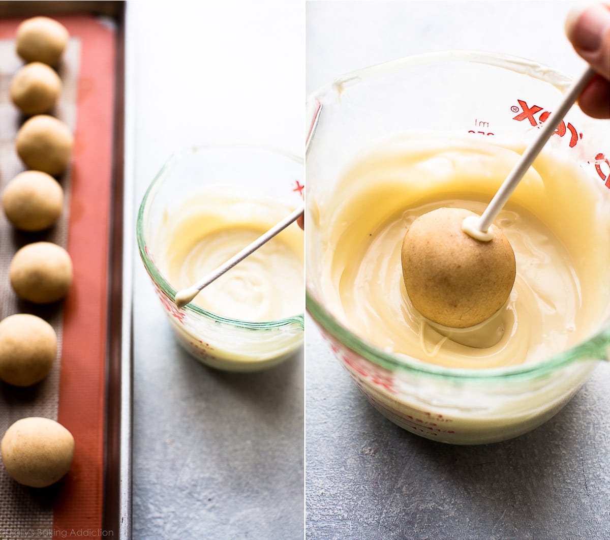 2 images of cake pop balls on a baking sheet with a lollipop stick and melted white chocolate in a glass measuring cup and dipping a cake pop on a lollipop stick into a glass measuring cup of melted white chocolate