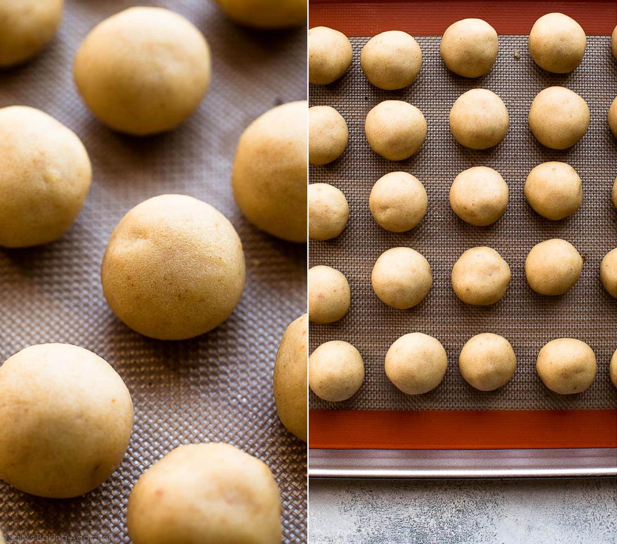 2 images of cake pop balls on a baking sheet lined with a silpat baking mat