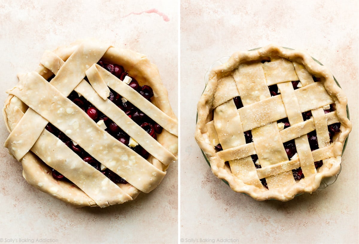 two photos showing how to lattice pie dough