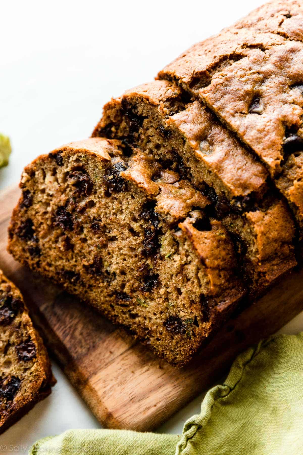 sliced loaf of chocolate chip zucchini bread