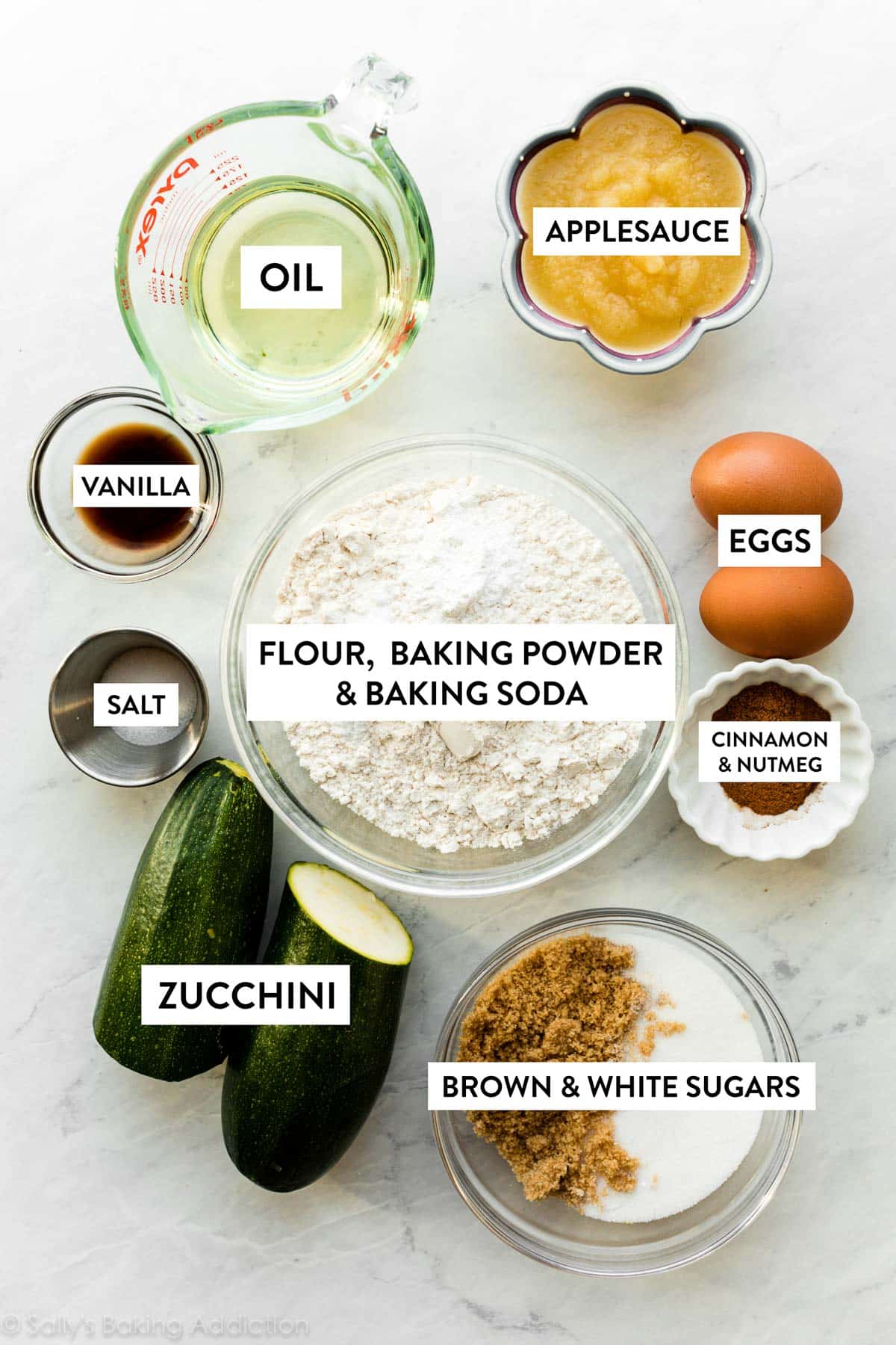 image showing ingredients including bowl of flour, baking powder, and baking soda plus eggs, oil, and zucchini