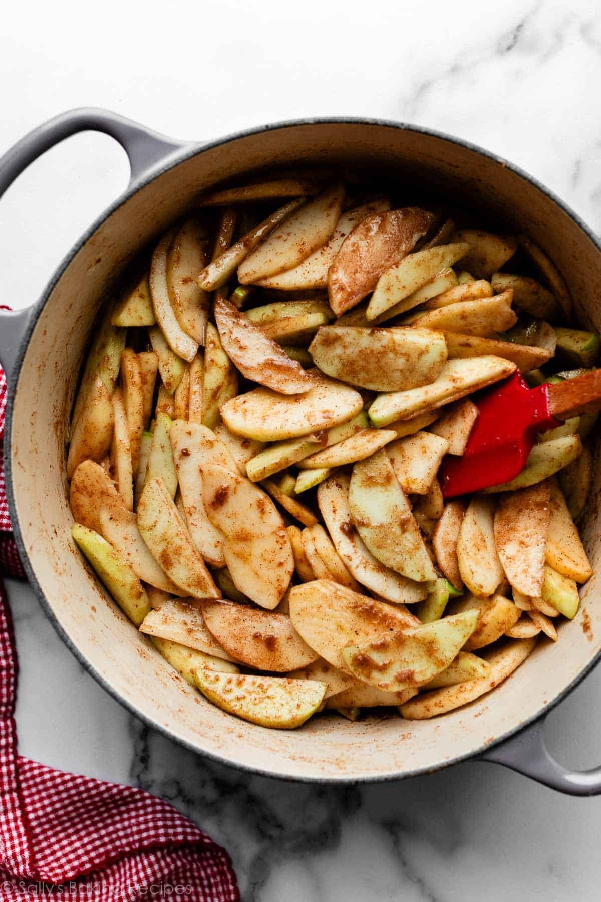 sliced apples with cinnamon and sugar on top in big pot.