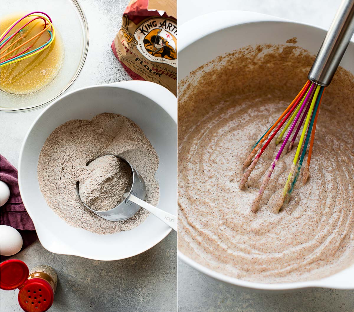 2 images of ingredients for whole wheat waffles in bowls and whole wheat waffle batter in a white bowl