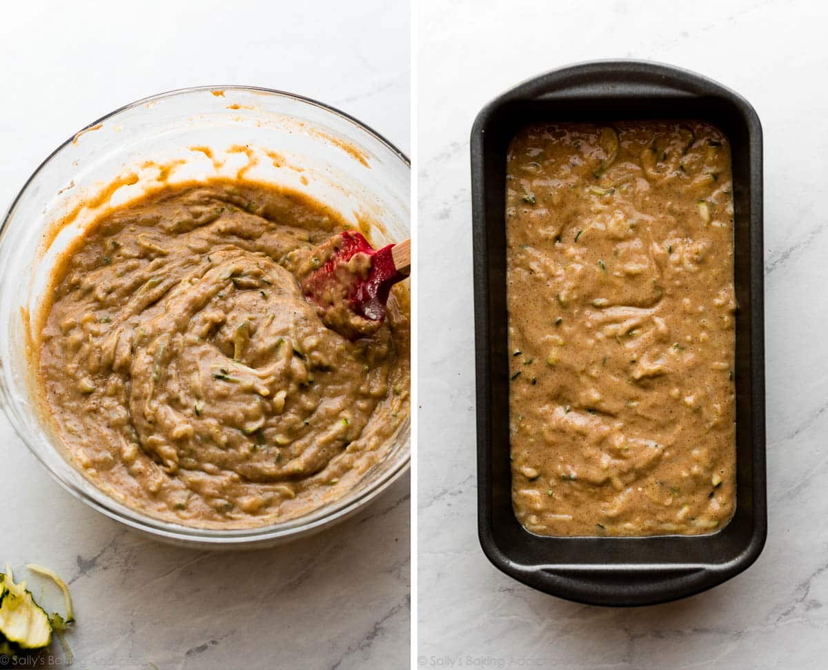 Zucchini bread mixture in a glass bowl and in a loaf pan