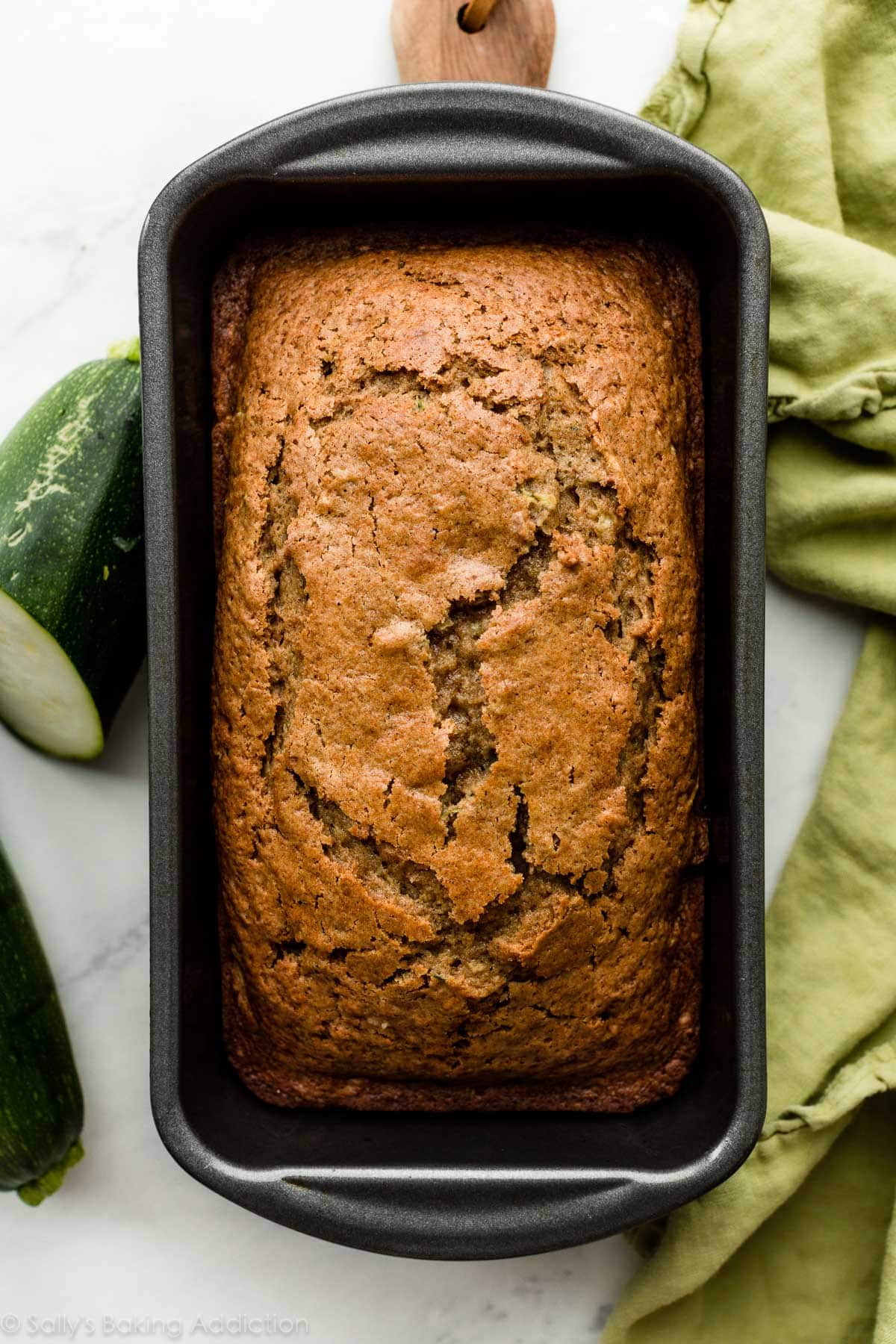 baked zucchini bread in 9x5 inch metal loaf pan