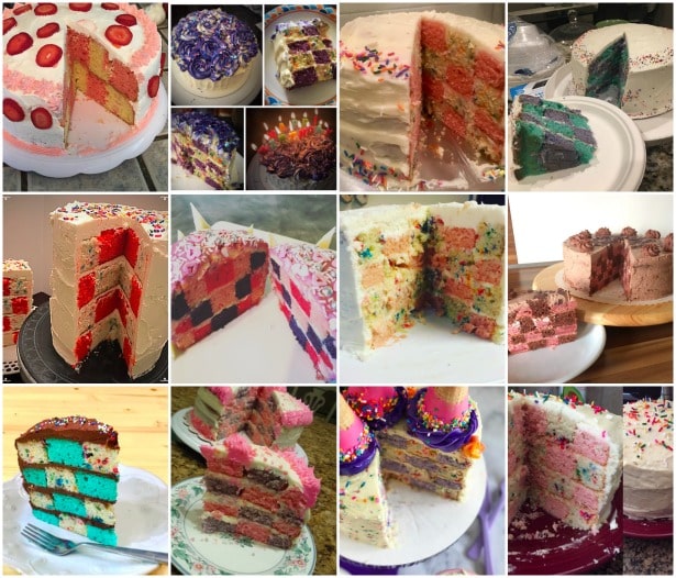 collage of checkerboard cake images