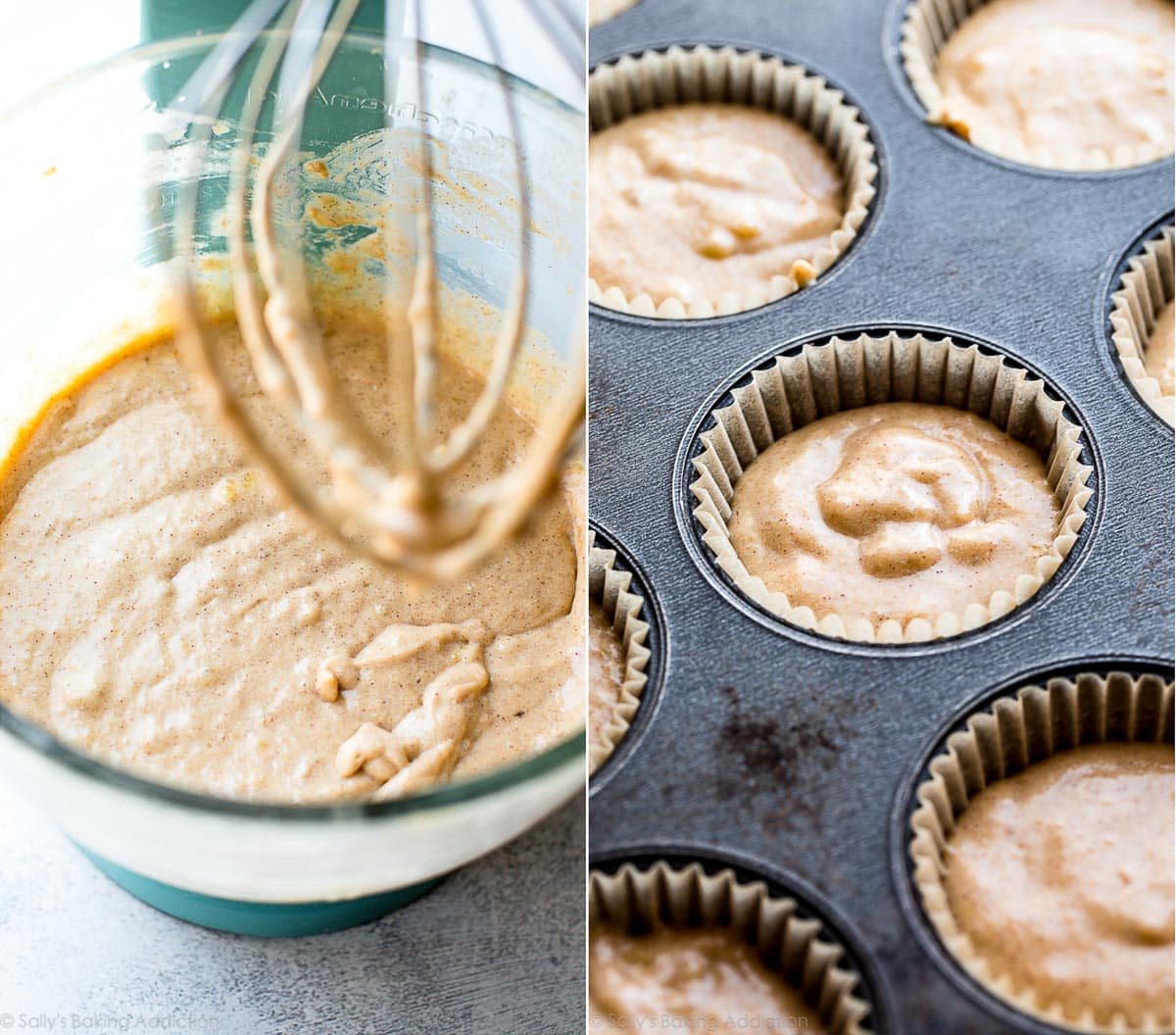 2 images of banana cupcake batter in a glass bowl and in a cupcake pan before baking