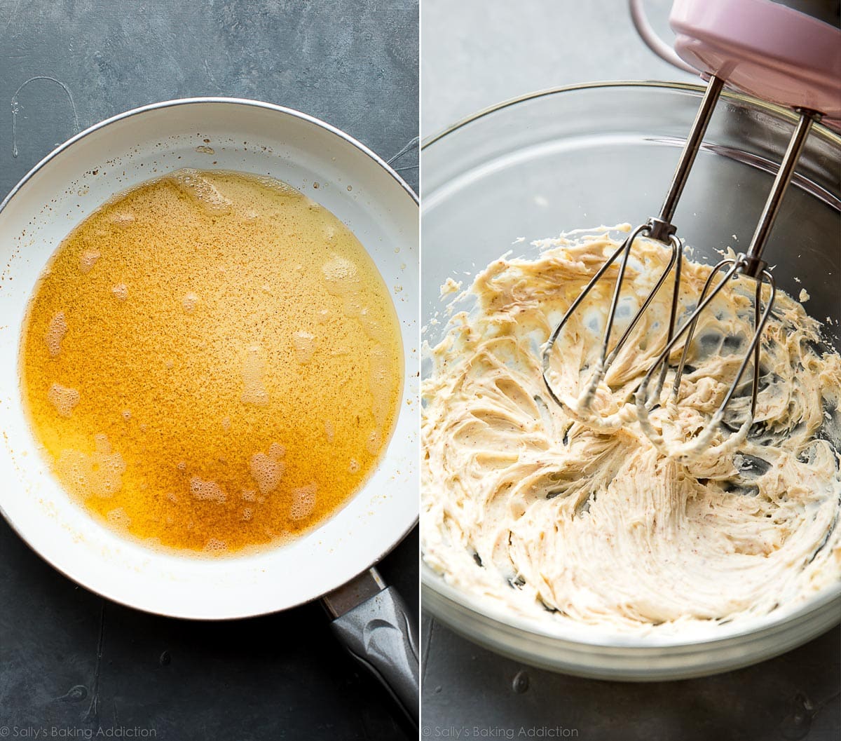 2 images of brown butter in a skillet and frosting in a glass bowl with a hand mixer