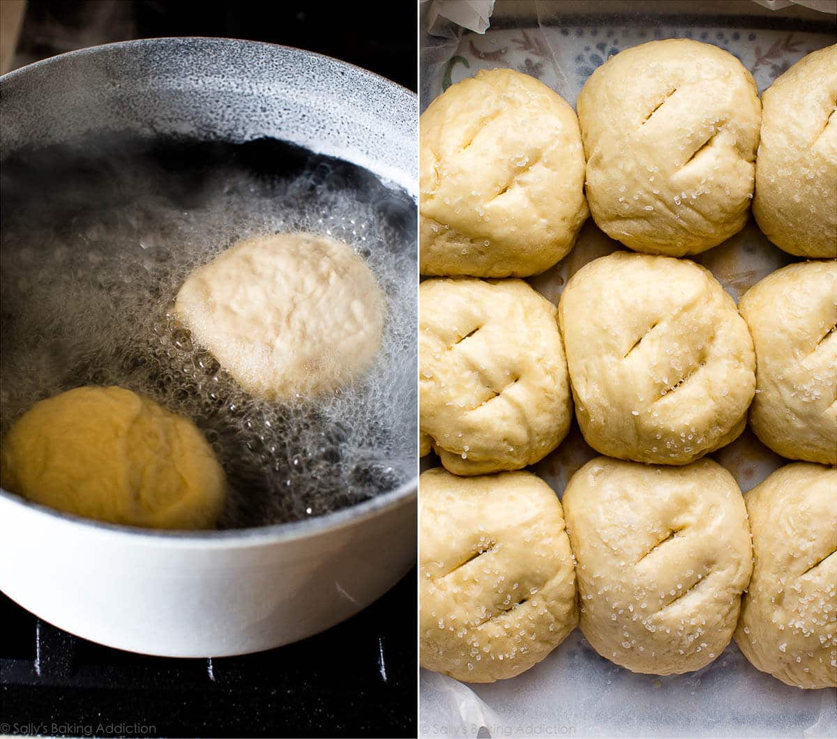 2 images of pretzel rolls in a baking soda bath in a pot on the stove and pretzel rolls with slits before baking