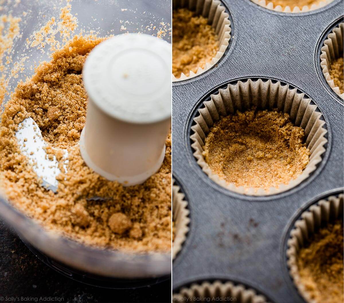 2 images of graham cracker crust mixture in a food processor and pressed into the bottoms of cupcake liners in a cupcake pan